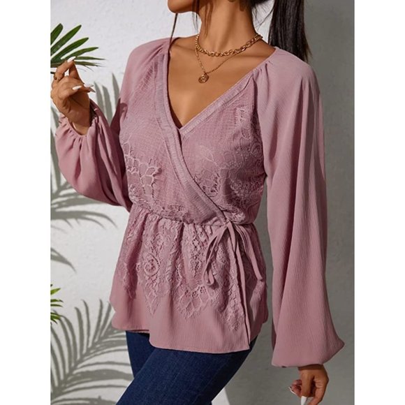 Tops - Pink Lace Chiffon V-Neck Wrap Peplum Long Bishop Sleeve Dressy Top Blouse